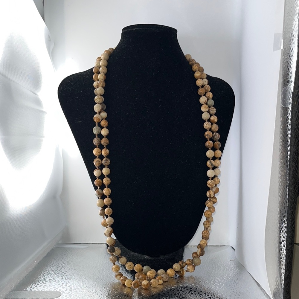 Double-Strand Natural Brown Stone Bead Necklace - Women Jewelry